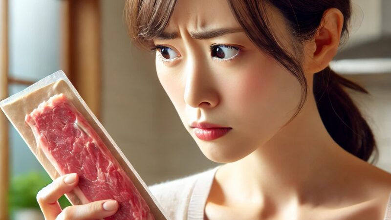 消費期限切れのお肉を食べれるか悩んでいる女性