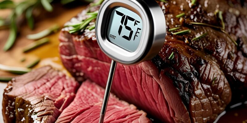 焼いた肉に調理用温度計を差している